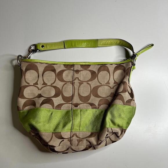 Coach F13591 Signature Canvas Hobo Bag Brown Green Trim Shoulder Purse - Picture 1 of 8